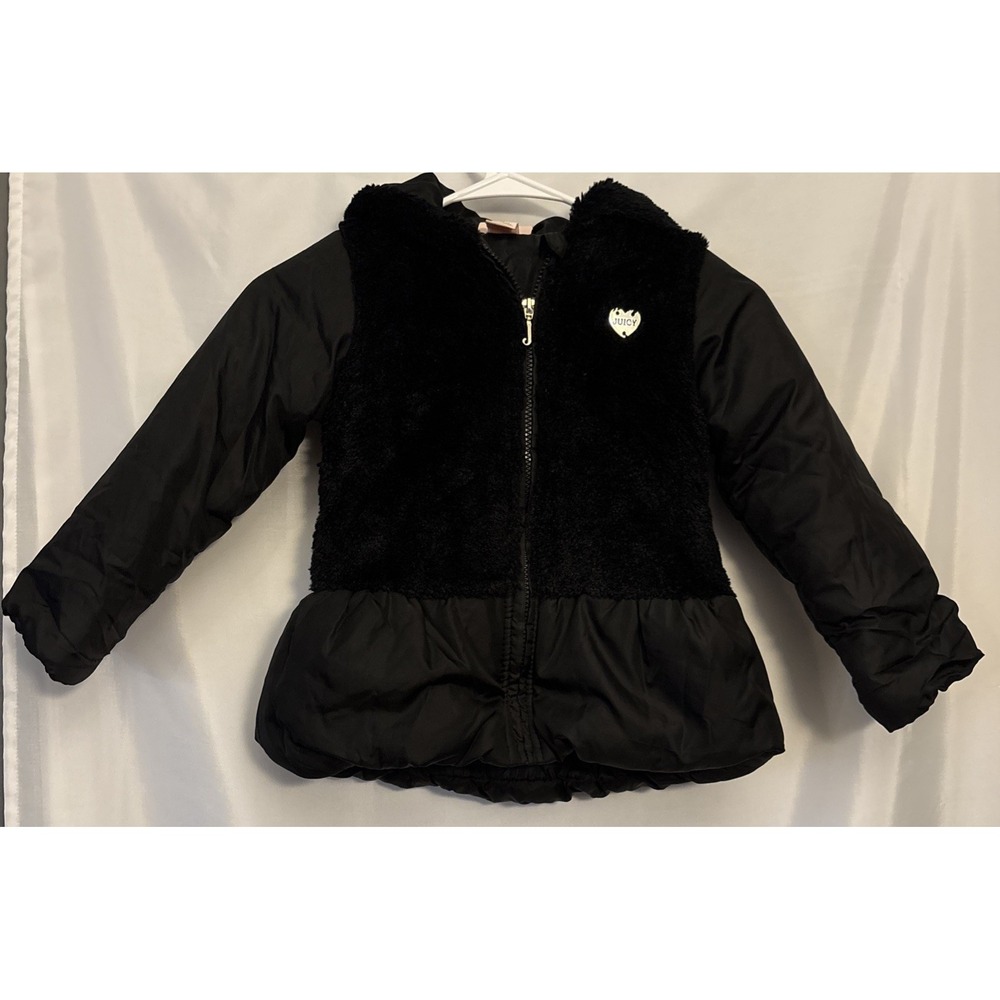 Juicy Couture Puffer Coat Girls Size 4T Black Solid Faux Fur Full Zip Hooded